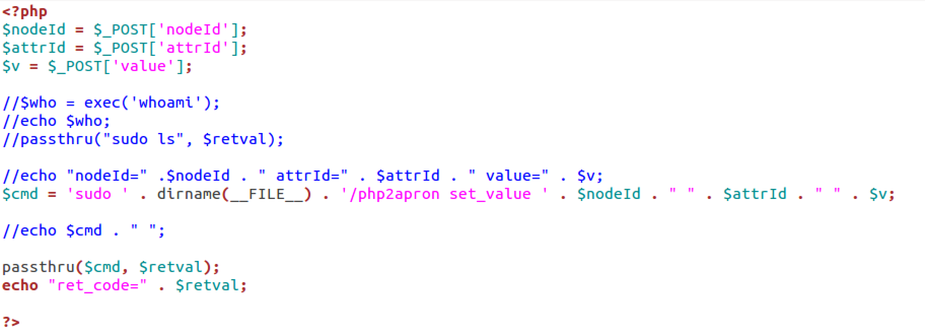 source code of /set_dev_value.php vulnerability